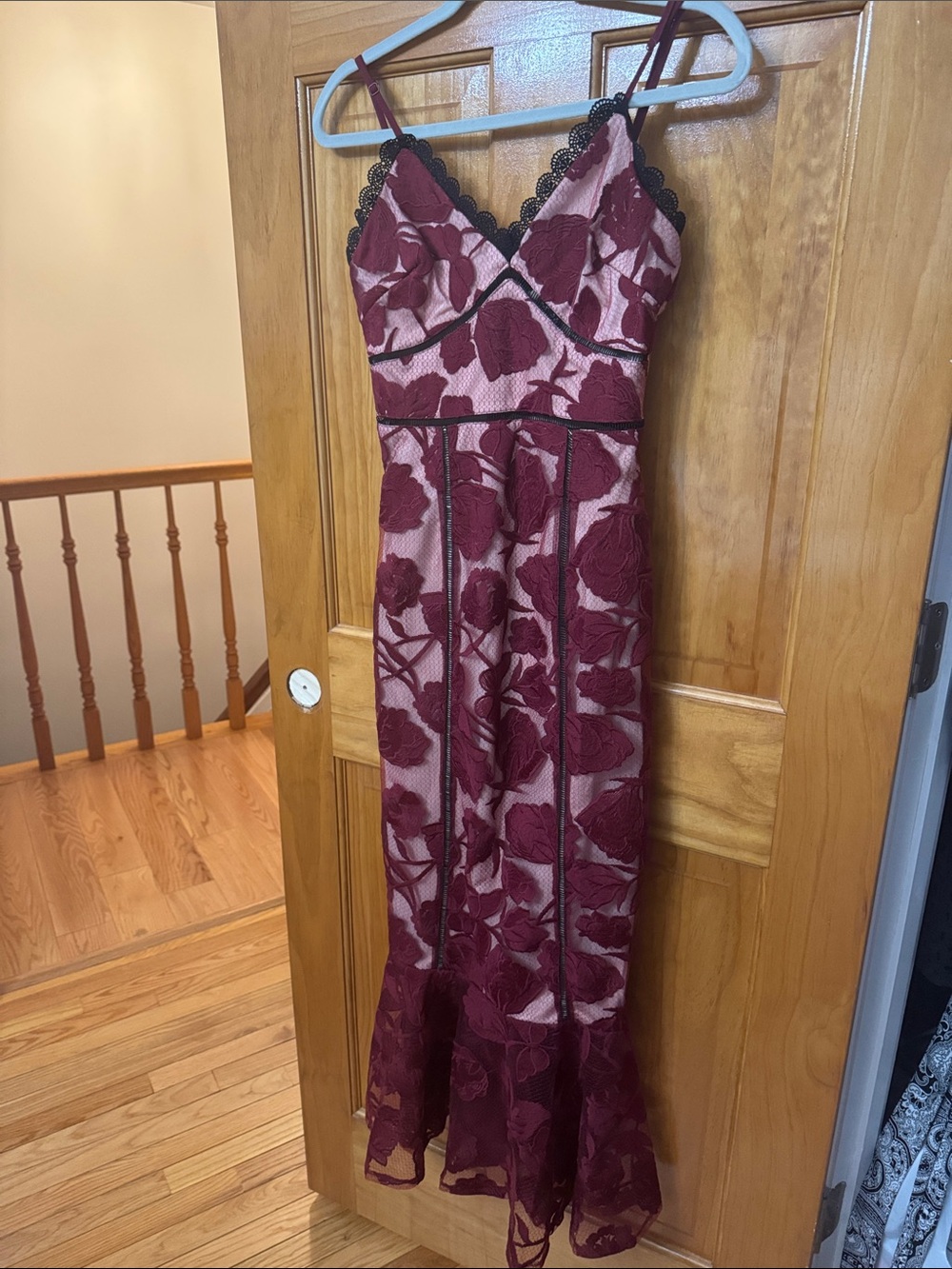 Lulu's Burgundy Floral Lace Maxi Dress with Black Trim